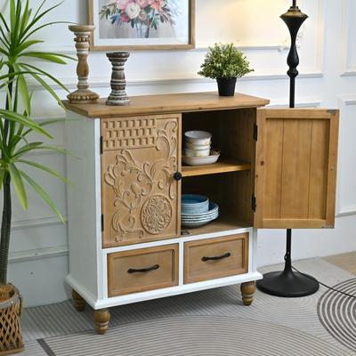 "31.5"" Farmhouse Two-Tone Accent Cabinet with Hand-Carved Floral Scroll Doors, 2 Storage Drawers & Turned Spindle Legs Sideboard"