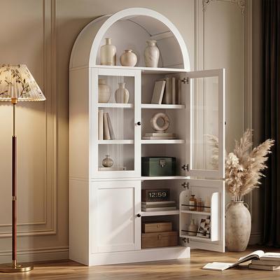 Arched Top Bookcase with Tempered Glass Doors, 5-Tier Display Shelf with Storage Cabinet