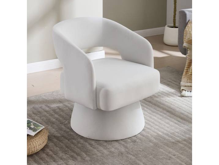 Fauteuil Pivotant Lexicon 360° - 68x66x75cm - Design Tonneau Dos Ouvert Assise Moelleuse et Base Métal - Beige Crème