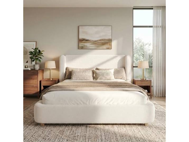 DUlVBPE Polsterbett,Doppelbett,Bett mit Lattenrost und gepolstertes Kopfteil, Beige Bouclé, 180 x 200