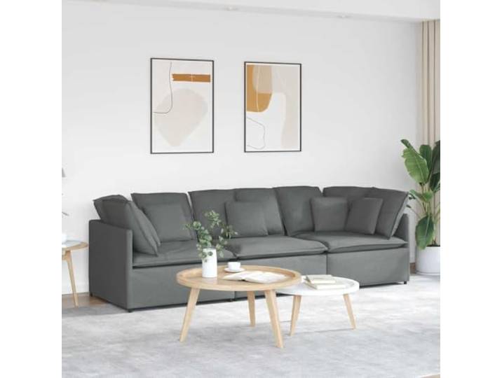 YUTAASU Modulares Sofa 3 Teile Stoff Dunkelgrau Metallrahmen, Holzarmlehnen, Textilene Sitzflaechen, Kissen inklusive, flexibel kombinierbar