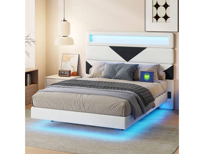 Lit Double 160x200 Adulte Flottant Intelligent LED RGB et Prise USB Tête de lit Velours Personnalisable Blanc et Noir