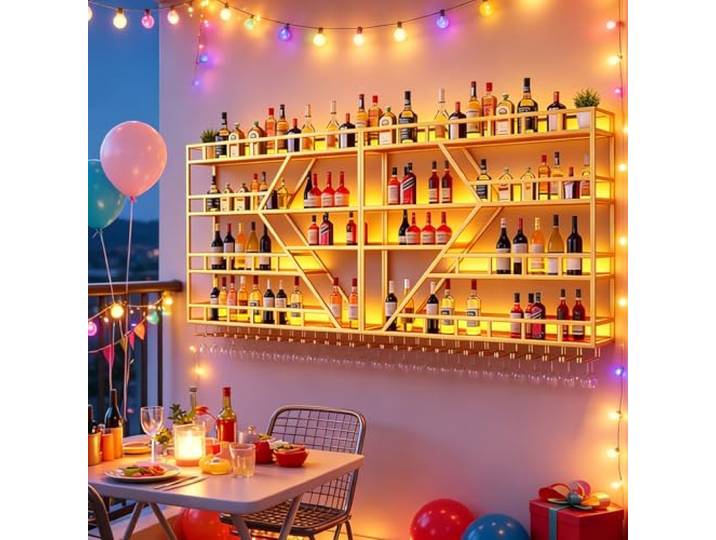 SPTZQURY Weinregal zur Wandmontage mit Wein Glashalter, 3 Lagiger Großes Industriell Schwebende Wandmontage Weinflaschenhalter, Bar Multifunktionaler Weinpareite Display Rack (Gold, 4 Tier,160cm)