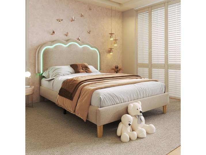 Lit enfant 90x190 cm avec LED et tête de lit réglable lit enfant rembourré structure stable en lin beige