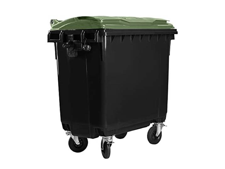 Hardwex Müllcontainer mit 4 Rädern mit Flachdeckel, Müllgroßbehälter, Abfalltonne, Mülltonne, Volumen: 660 Liter, Farbe: Grau/Grün, Größe: 1 228 x 1 370 x 778 mm