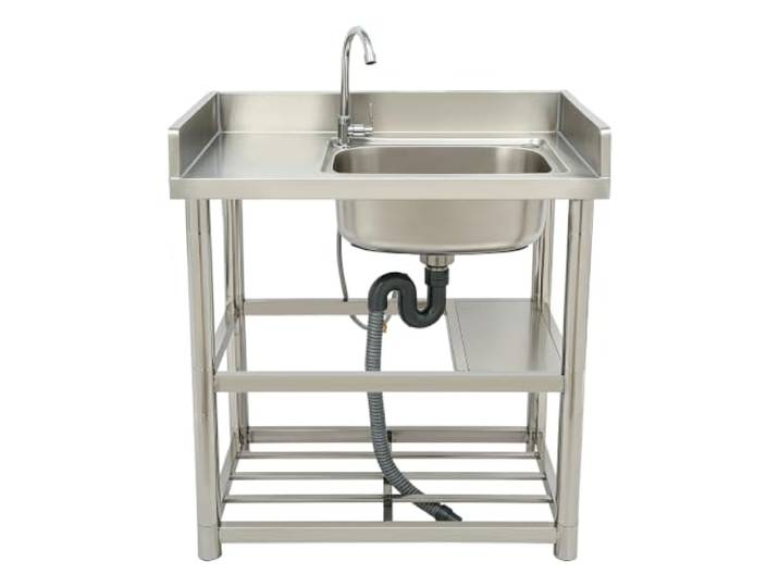 Küchenspüle Einzelbecken Edelstahl bodenstehend mit Kaltwasserhahn und Bodenstehendes Design mit zwei Stauraumregalen und 360° Kaltwasserhahn