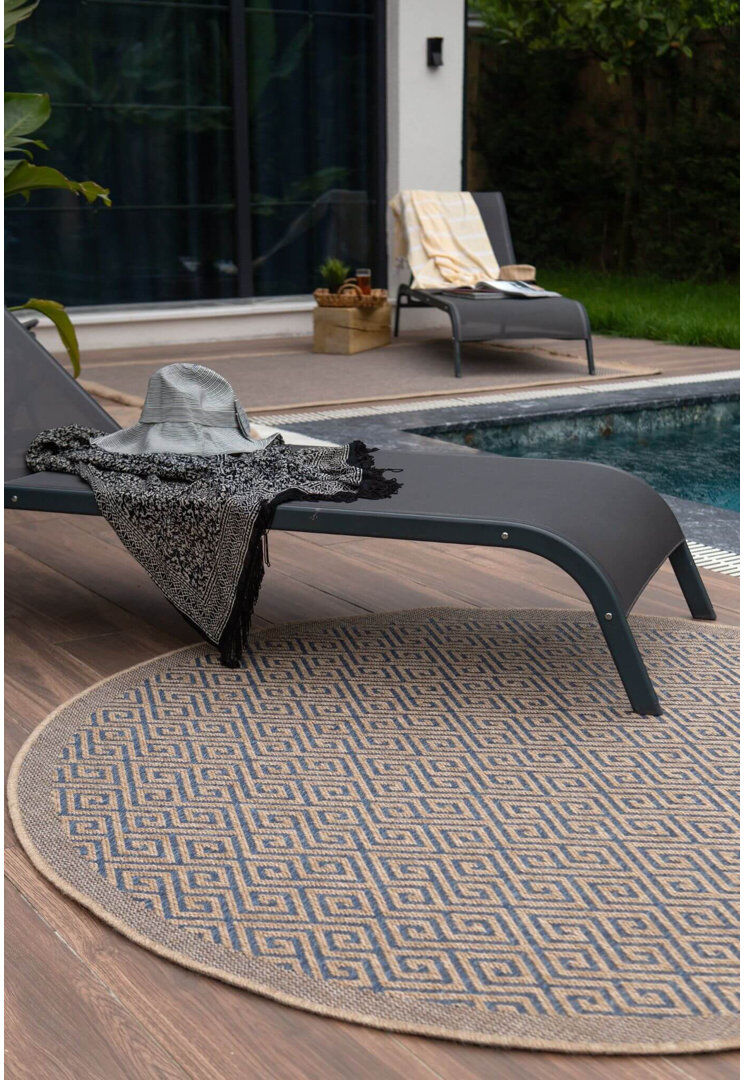 THE RUGS Nature Collection Geometric Kilim Indoor / Outdoor Area Rug Blue Round 160 cm