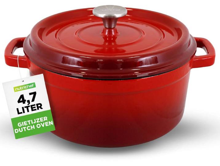 NutriChef Dutch Oven - Geëmailleerde Gietijzeren Ronde Dutch Oven - Porselein Geëmailleerde Gietijzeren Bakpotten met Zelf-Bastende Deksel-Rood-Middelgroot