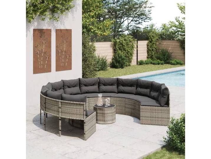 Canapé de jardin avec table coussins rond gris résine tressée 3318545