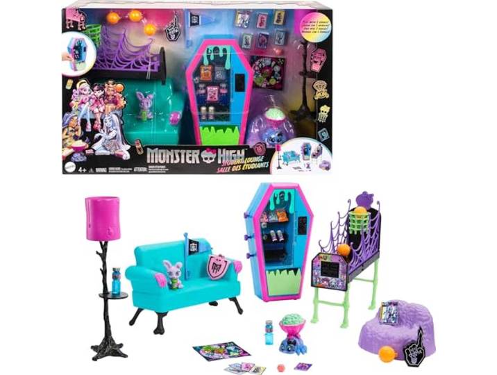 Monster High Student Lounge Speelset, Poppenhuis Meubels en Thema Accessoires met Twee Huisdieren en Werkende Automaat
