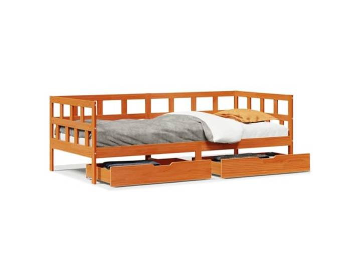 PUGYNBK 2-in-1-Schlafsofa mit Schubladen aus Kiefernholz, 80 x 200 cm 3-seitige Geländer, Latten im Lieferumfang enthalten, doppelte Aufbewahrung, rustikaler Stil, Matratze nicht im Lieferumfang
