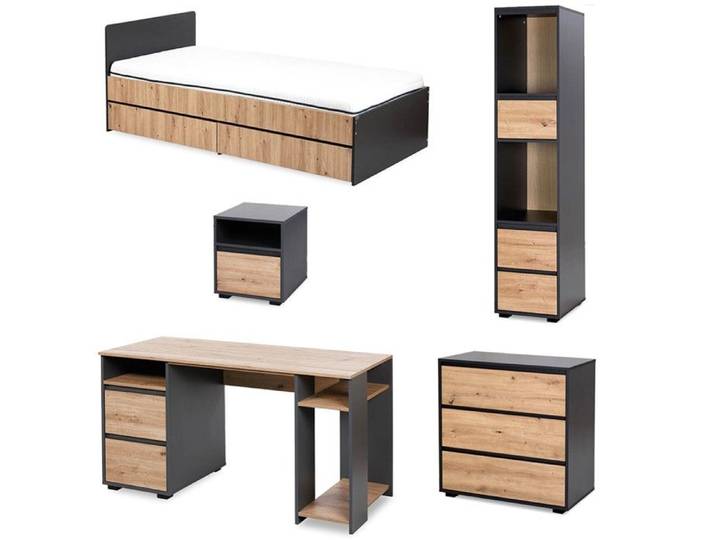 DALIA Chambre enfant adolescent avec lit chevet Commode Etagère Bureau Anthracite/Chêne