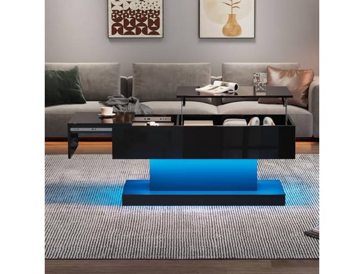 Merax LED Couchtische Schwarzes Hochglanz-Lift-Teetisch – Hydraulischer Lift, Gleitfunktion und Stauraum, Kaffeetisch 100x50x45 cm, Modernes Design für Wohnzimmer