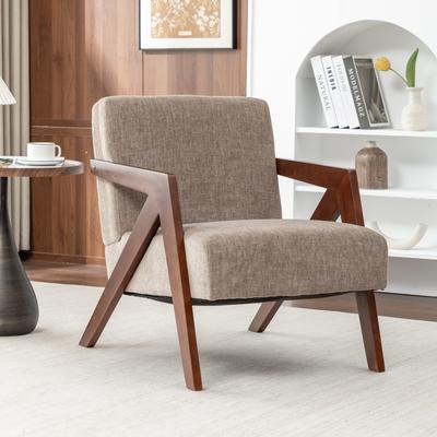 "GDFStudio - 23.60"" Mid Century Modern Linen Upholstered Rubber Wood Frame Accent Armchair"