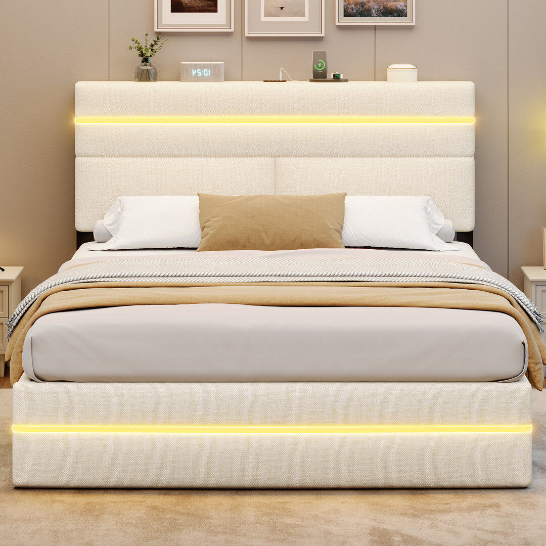 Metro Annelieke Ottoman Bed with Storage, Upholstered Headboard with LED Lights & Charging Station, Gas-Lift Bed Frame, Wooden Slats, Modern Minimalist Beige Double (4'6)