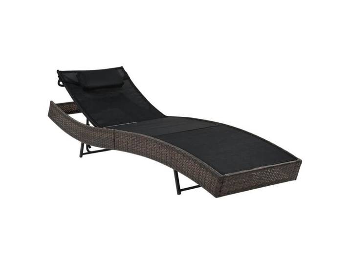 Transat chaise longue bain de soleil lit de jardin terrasse meuble d exterieur avec oreiller resine tressee marron