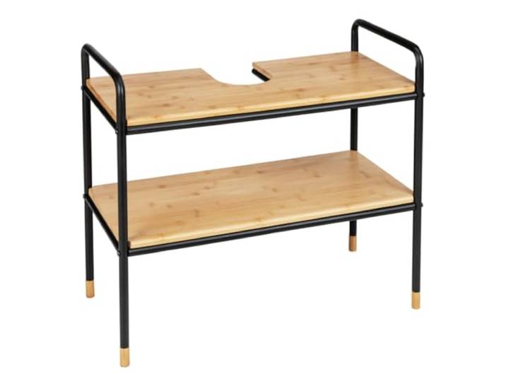 WENKO Waschbeckenunterschrank Loft mit 2 Ablagen aus FSC®-zertifiziertem Bambus, zur Aufbewahrung von Handtüchern/Badutensilien, Rahmen aus pulverbeschichtetem Metall, 70 x 60 x 33,5 cm, Natur/Schwarz