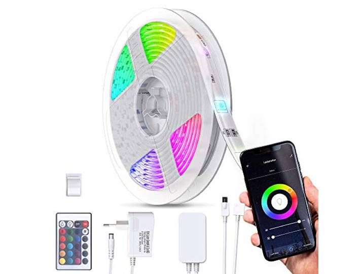 B.K.Licht - LED Strip 5m smart via App- und Sprachsteuerung, Fernbedienung, buntes RGB Licht, Smart Home LED Streifen, Leiste, Gaming Deko, Party Deko, Band, Lichtleiste, 5x1x0,3 cm