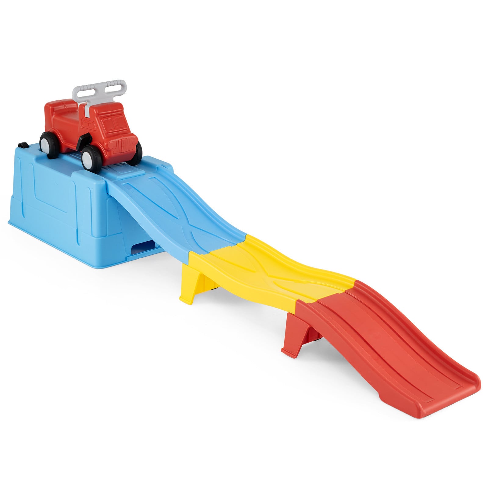 Costway Up & Down Roller Coaster Uitbreidbare Kinderachtbaan met Glijauto en Opbergdoos, Blauw