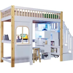 MODFU Hochbett 90x200 mit LED-Leuchten, Schreibtisch und Stauraum, Kiefernholz, Weiß+Natur, platzsparend und funktional