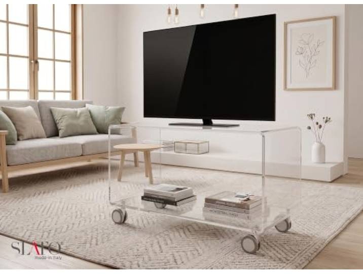 Slato Fedra Beistelltisch mit 2 Etagen, TV-Regal mit Rollen, modernes Design aus Acrylglas, hohe Dicke, transparent, hergestellt in Italien