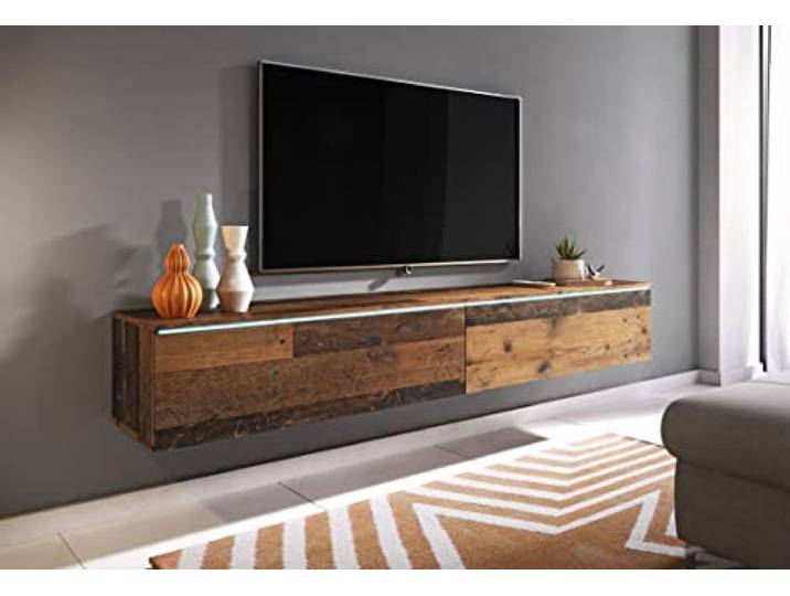 TV-Schrank Lowboard D 140/180 cm, TV-Möbel, schwebend, Holzfarben, Old Style, optional LED-Beleuchtung (ohne LED-Beleuchtung, 180 cm)