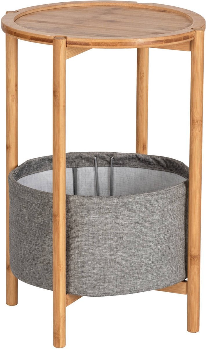 WENKO Bijzettafel BAHARI van bamboe met stoffen opbergmand, rond, Diameter: 42 cm, Hoogte: 60 cm