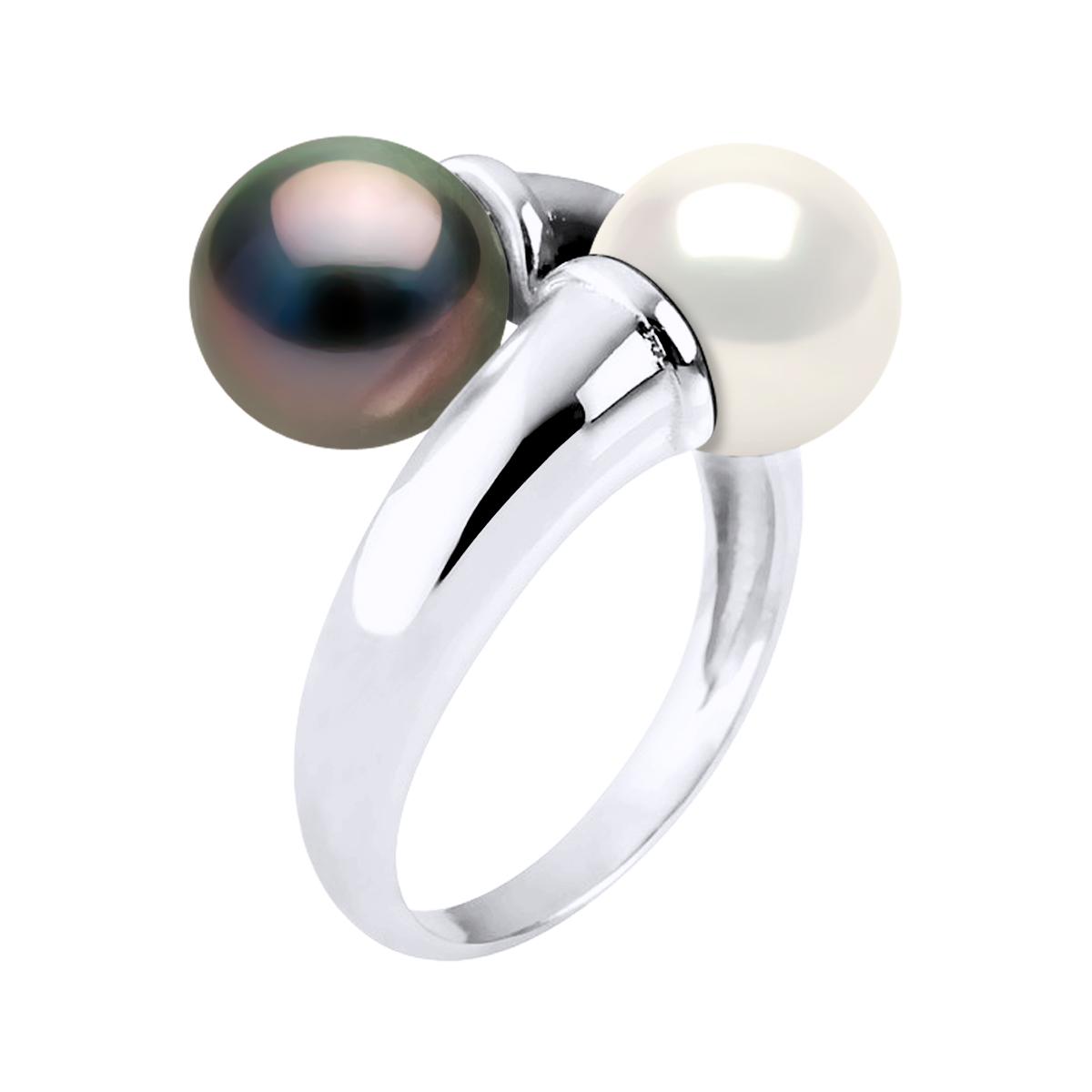 Ring You & Me Prestige aus Silber 925 rhodiniert, verziert mit echten Tahiti-Zuchtperlen und SÜSSWASSERFARBE NATURWEISS – 8-9 mm