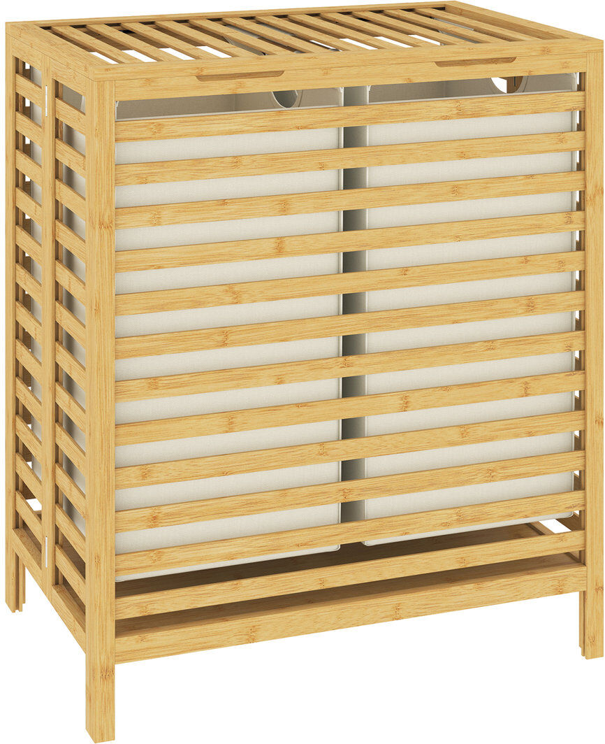 Rebrilliant HOMCOM Bamboo Laundry Basket with Lid, 2 Baskets, Foldable, Natural Cream, Natural Wood 64.2cm H X 55cm W X 36cm D
