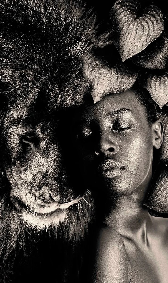 Wanddecoratie The Woman and Lion - RVS - 70 x 118 cm - Zwart