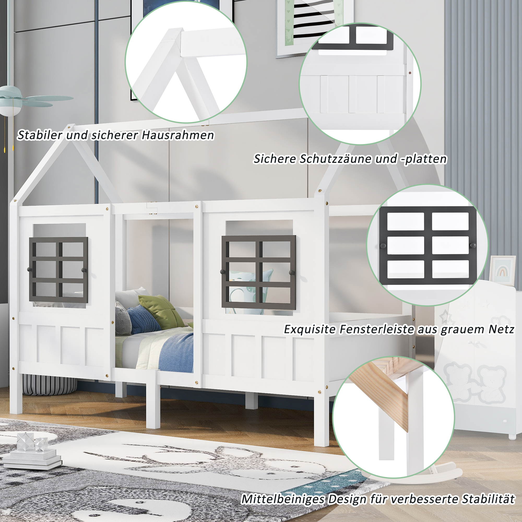 okwish Hausbett mit 2 Schubladen 200x90cm Einzelbett, Kinderbett mit 2 Fenstern und Lattenrost aus Kiefer, MDF für Jungen & Mädchen - Kinder Weiß