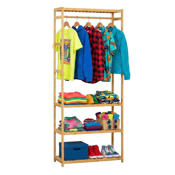 Relaxdays Kledingrek Bamboe met Kledingstang, Bruin/Beige