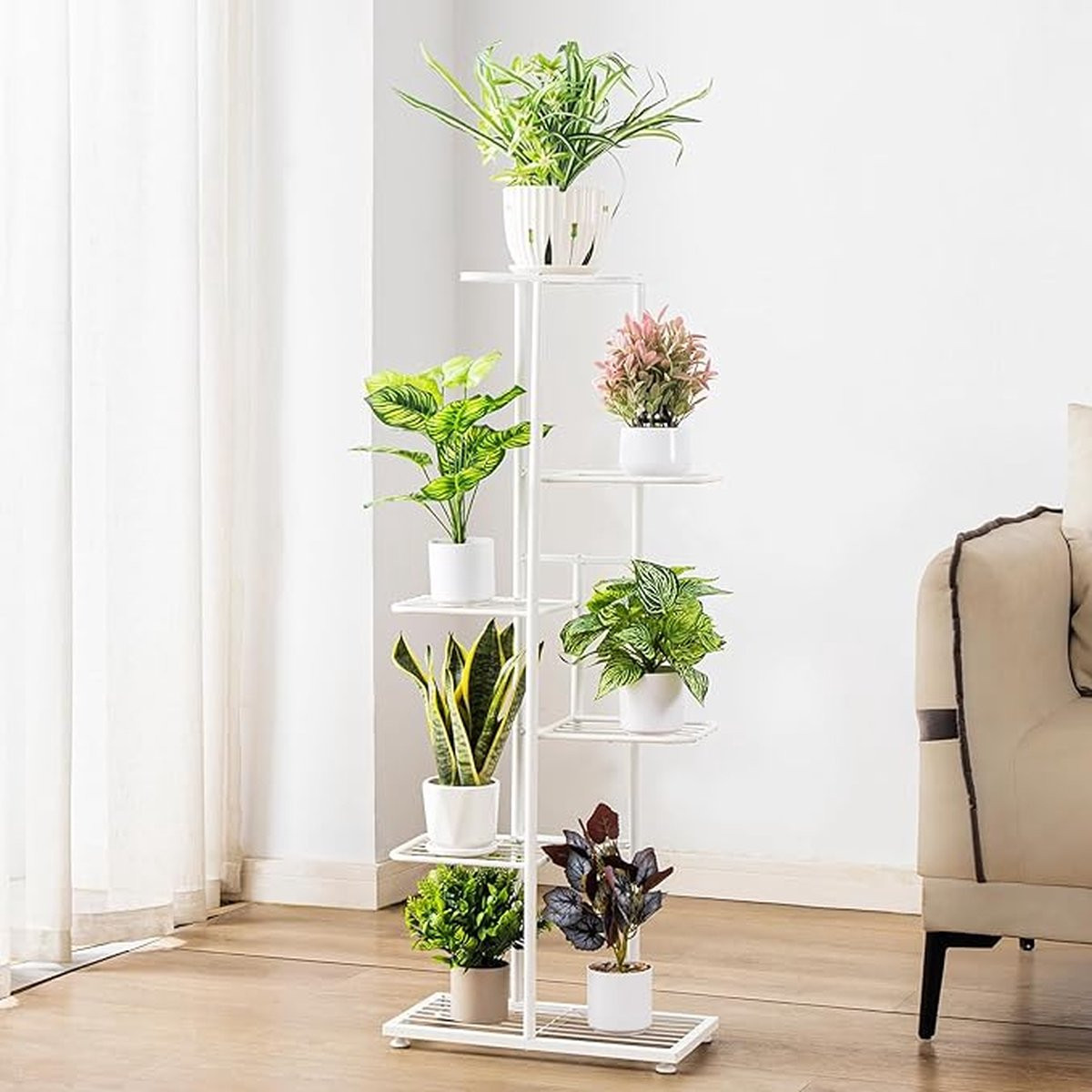 Modern multifunctioneel metalen plantenrek in het wit voor balkon, tuin of woonkamer