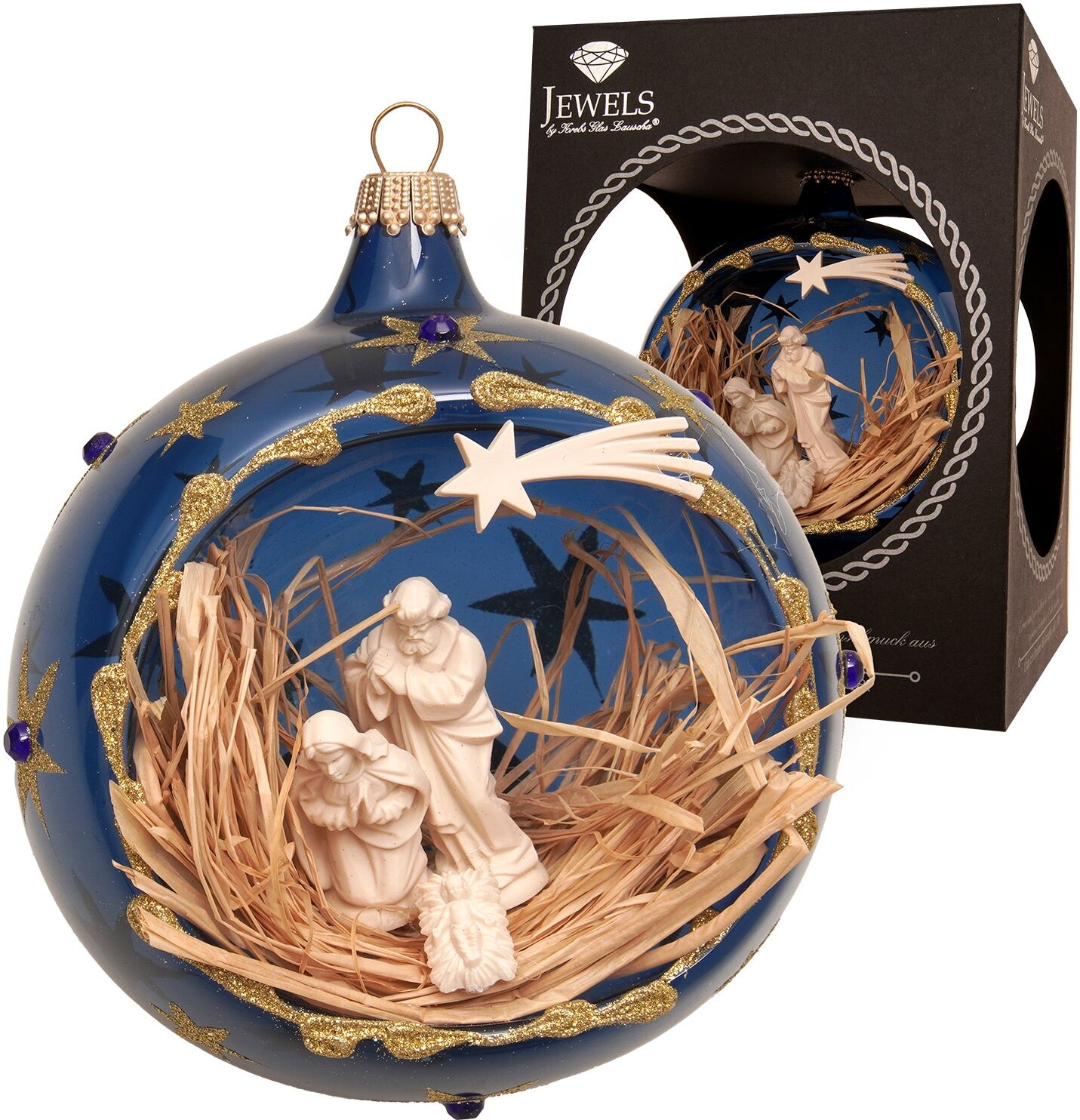 Weihnachtsbaumkugel KREBS GLAS LAUSCHA "Weihnachtskugel Krippenszene blau 10cm", blau, B:10cm H:10cm T:10cm Ø:10cm, Glas, Weihnachtsbaumkugeln, Weihnachtsbaumkugel, Dekoriert mit Liebe zum Detail blau 10cm