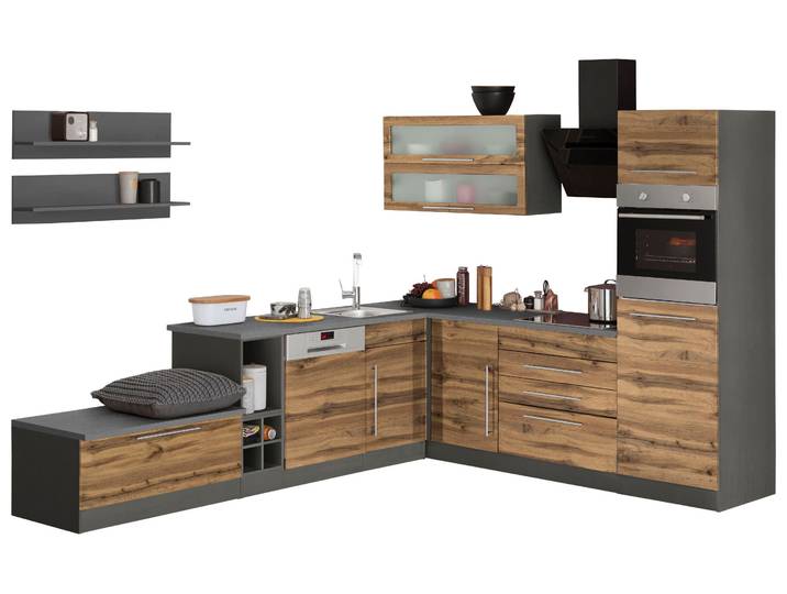 Winkelküche KOCHSTATION KS-Samos , braun (küche: natur, front: wotaneiche, korpus: grafitgrau, arbeitsplatte: anthrazit), B:300cm H:200cm T:60cm, Komplettküchen-Sets, Winkelküche, Stellbreite 300x250 cm, wahlweise mit E-Geräten und Induktionskochfeld