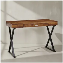 KADIMA DESIGN Massivholz Schreibtisch Sheesham, X-förmiges Metallgestell, Schublade, 120x55x78 cm