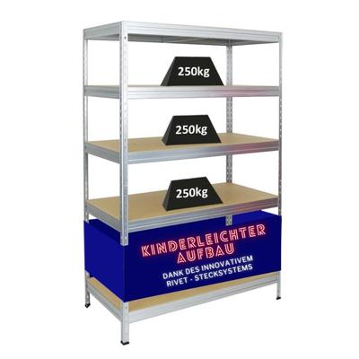 PROREGAL Schwerlastregal Rivet HxBxT 180x120x60cm Fachlast 250kg, Innovatives Stecksystem, Verzinkt, Garagenregal, Lagerregal, Steckregal, Kellerregal