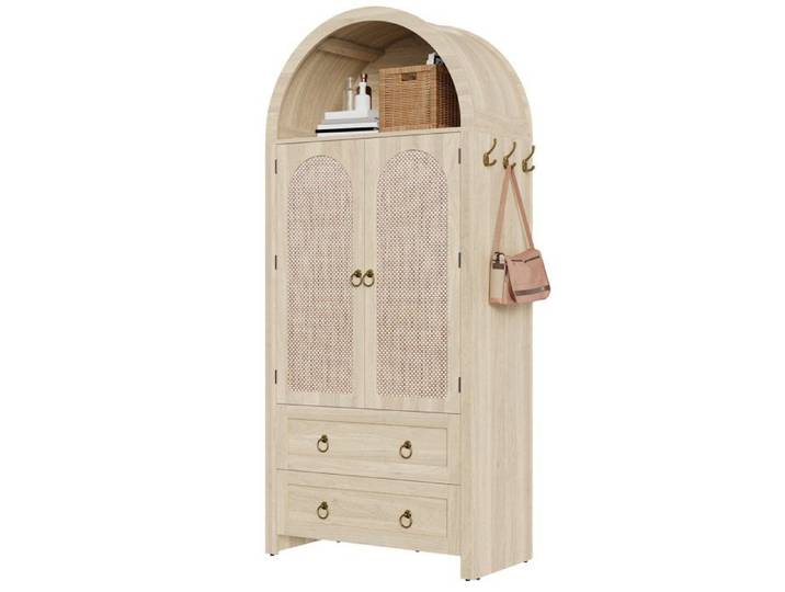Armoire de Rangement Haute Armoire en Bois Meuble de Rangement Conception avec Dessus Incurvé 2 Tiroirs 2 Portes Chêne