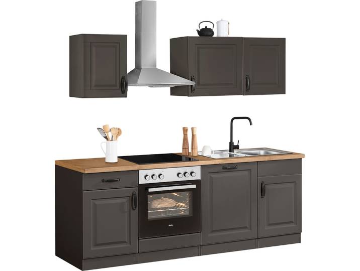 Küchenzeile WIHO KÜCHEN Erla , grau (küche: grau, korpus: anthrazit, arbeitsplatte: kastelleiche nachbildug), B:220cm T:60cm, Komplettküchen-Sets, Küchenzeile, wahlweise mit E-Geräten, mit Spülenunterschrank, Breite 220 cm