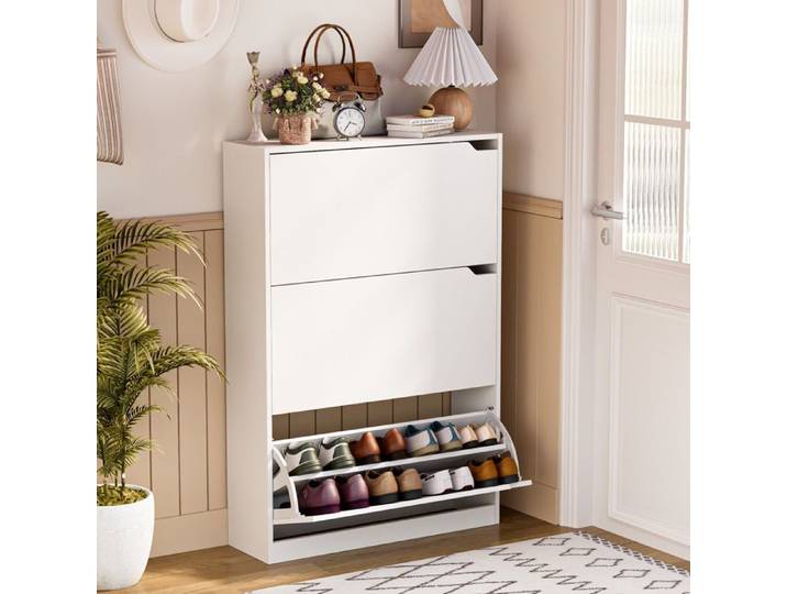 Meuble à chaussures étroit 24cm anti-inclinaison -Armoire à chaussures avec Rangement 3 portes anti-poussière & anti-humidité-Blanc