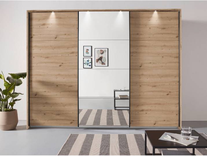 Schwebetürenschrank, Braun (Eiche Artisan), 278x214x68 cm, Holzwerkstoff, Mit Beleuchtung, Klassisch, Rauch