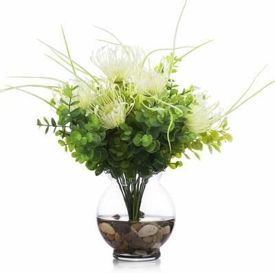 Enova Home Artificial Fake Peony Silk Flowers and Eucalyptus Grasses Arrangement in Clear Glass Vase with Faux Water for Decor