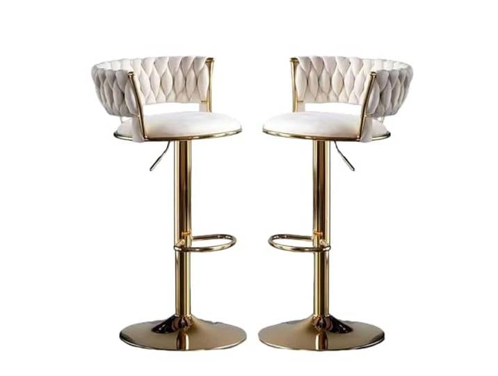 Homesally Barhocker höhenverstellbar, Barstuhl 360° drehbar, Küchenhocker mit geflochtener Rückenlehne Fußstütze, Hocker Bar Küche, Samt Metall,Weiß,Set of 2