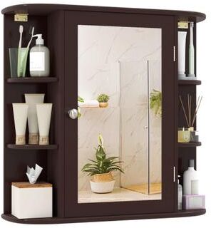 Costway Wall-Mounted Bathroom Mirror Cabinet with Storage Shelves-Brown