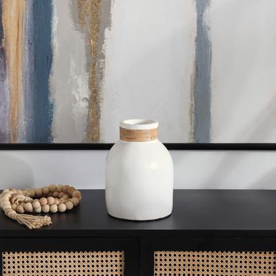ARCILLA ELEMENTAL White Ceramic Decorative Vase with Wrapped Rattan Detailing