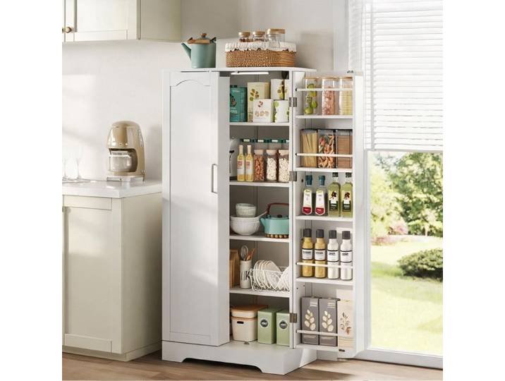 Buffet haut multifonctionnel 60x35x128 cm MDF blanc style scandinave moderne LED détecteur étagères ajustables