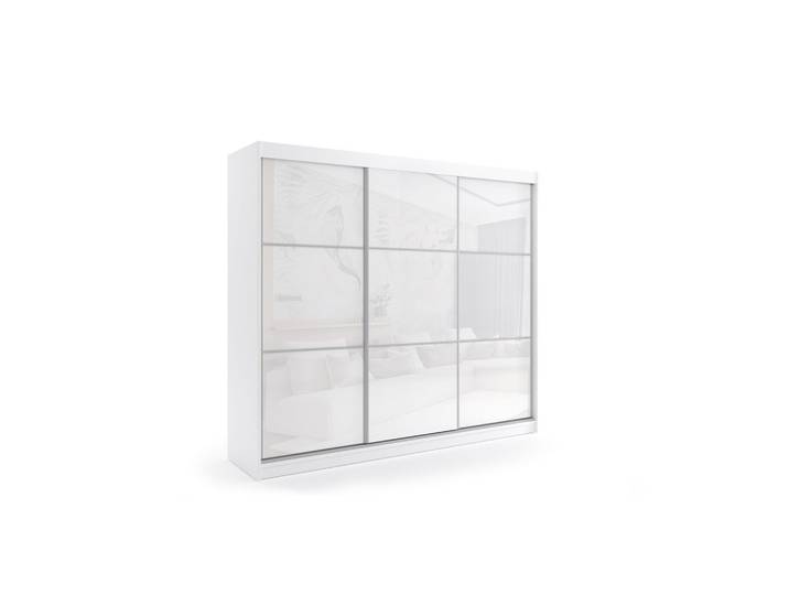 KLEIDERSCHRANK mit Lacobel-Schiebetüren und Aluminium- Leisten, LED-Beleuchtung - VIVONA - 240 cm Weiß