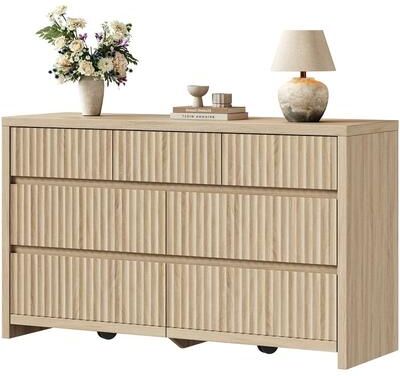 SICOTAS "55.2"" Wide Modern Fluted 7-Drawer Dresser, Handleless Wood Storage Chest with Anti-Tip & Hidden Casters"