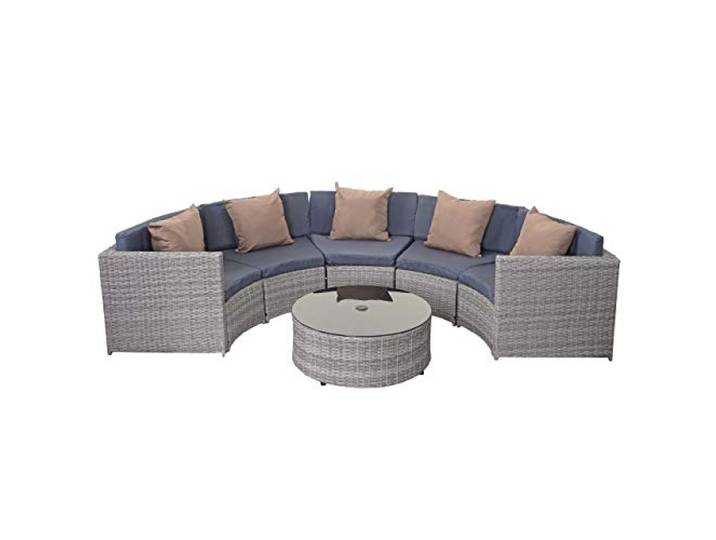 Mendler Garnitur HWC-E17 - grau, Polster dunkelgrau, Kissen beige Garten-Set, Sitzgruppe, rund, Poly-Rattan