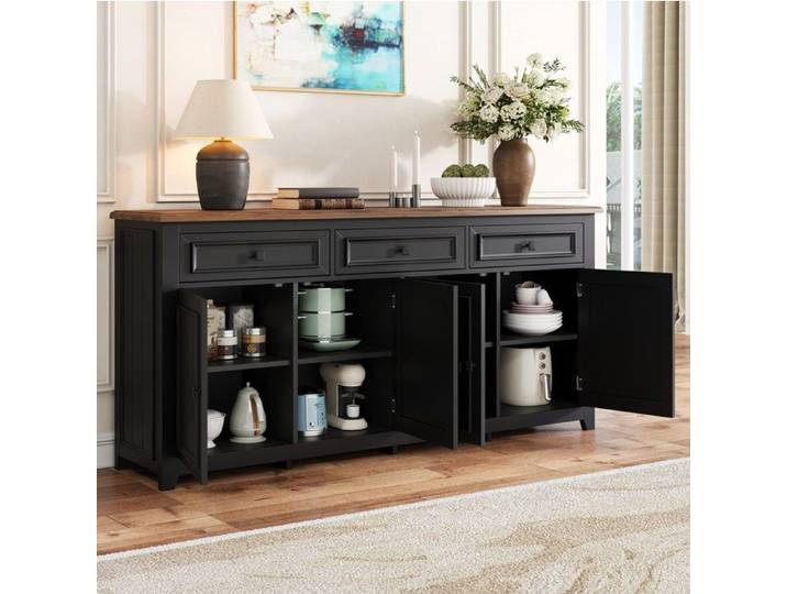Buffet Bas MDF Noir Bahut Moderne FloraGrace Pour Salon Ou Entrée Étagères Réglables 160x35x76cm